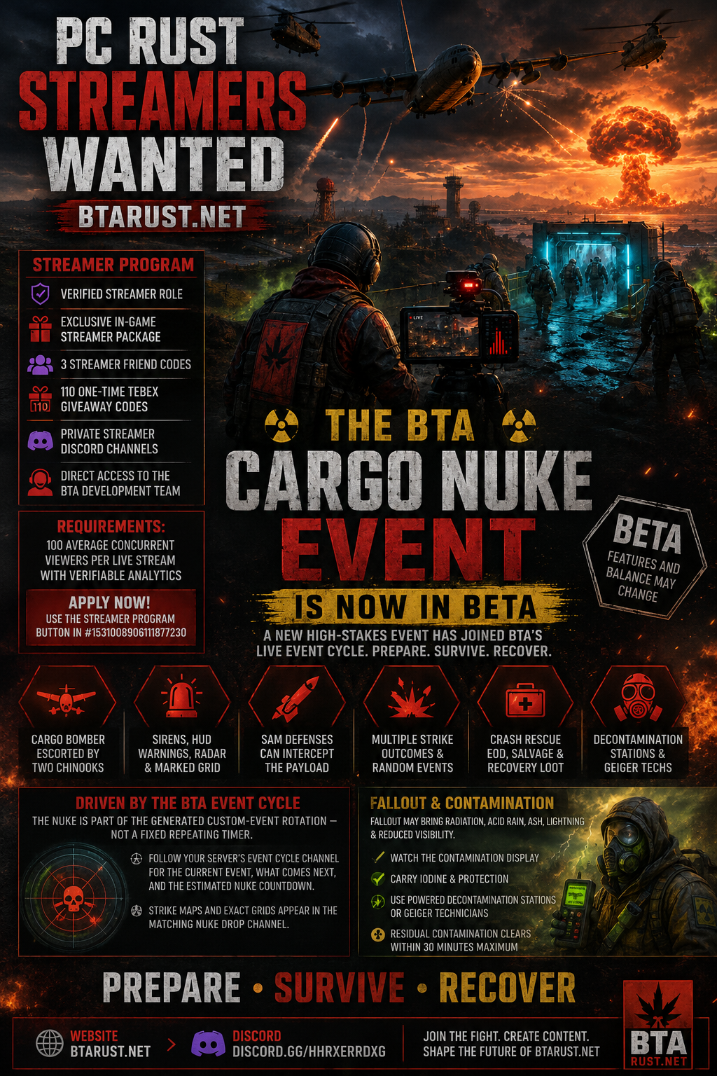 BTARust.net PC Rust Streamers Wanted program poster